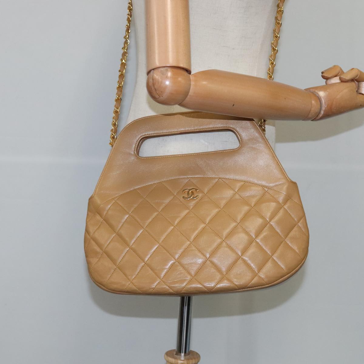 CHANEL Matelasse Chain Hand Bag Lamb Skin 2way Brown Gold CC PP128