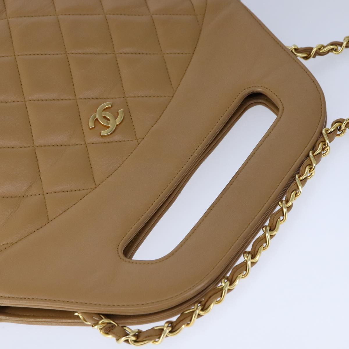 CHANEL Matelasse Chain Hand Bag Lamb Skin 2way Brown Gold CC PP128