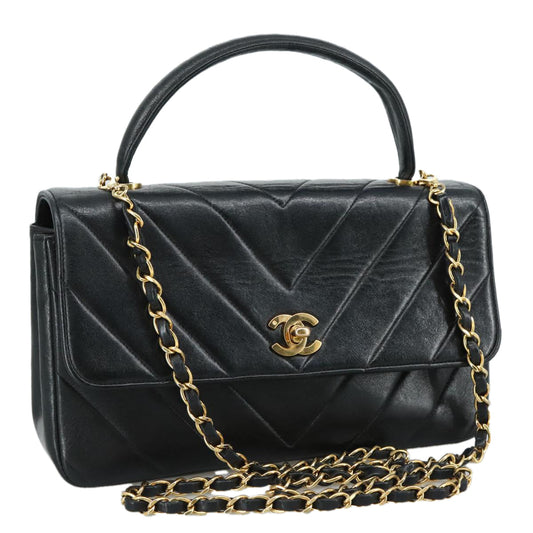 CHANEL Chain Hand Bag Lamb Skin 2way Black Gold CC PP129