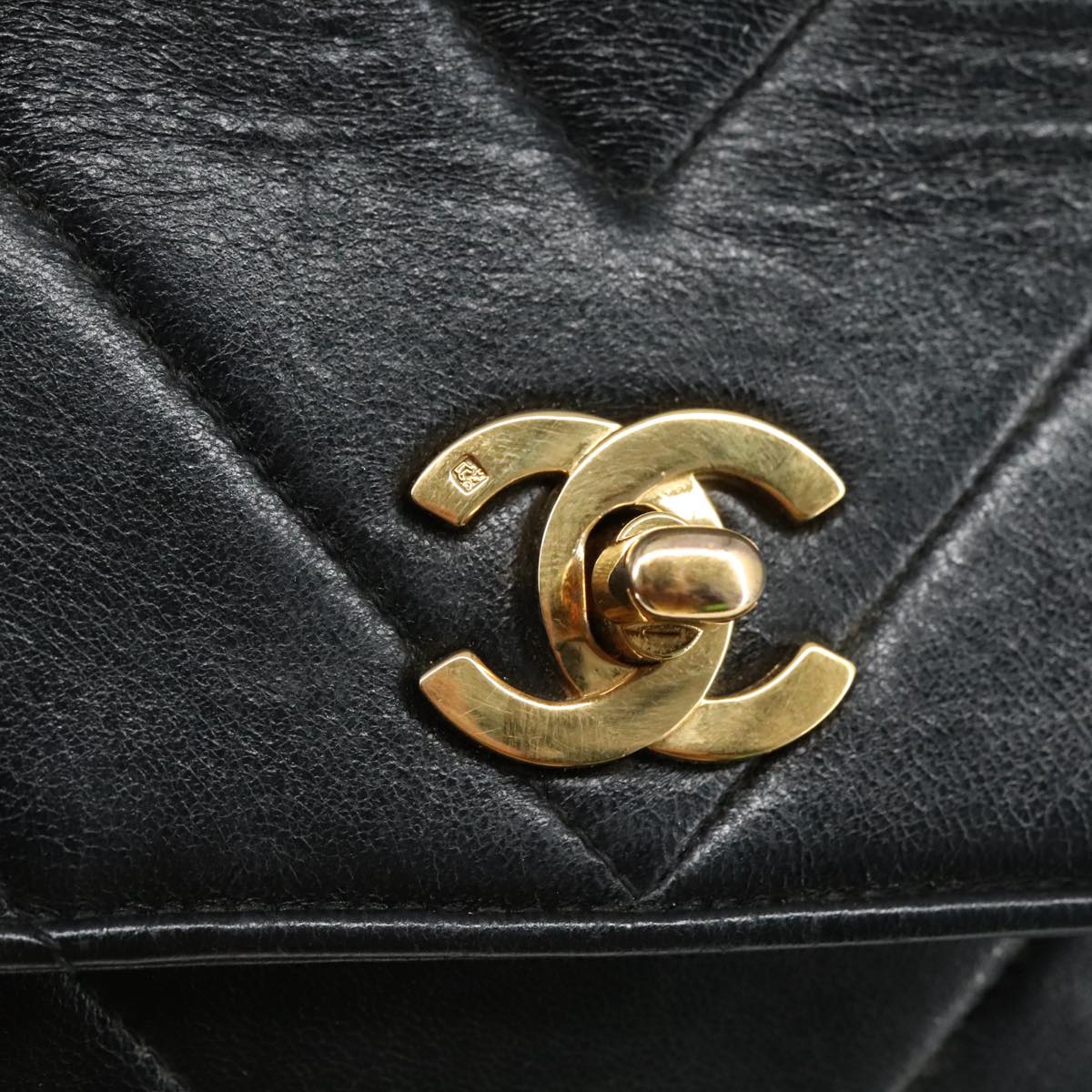 CHANEL Chain Hand Bag Lamb Skin 2way Black Gold CC PP129