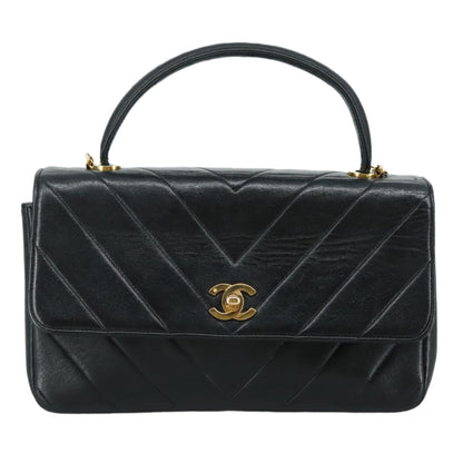 CHANEL Chain Hand Bag Lamb Skin 2way Black Gold CC PP129