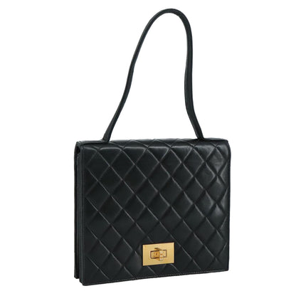 CHANEL Matelasse Hand Bag Lamb Skin Black CC PP131