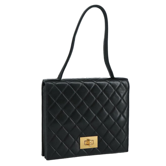 CHANEL Matelasse Hand Bag Lamb Skin Black CC PP131