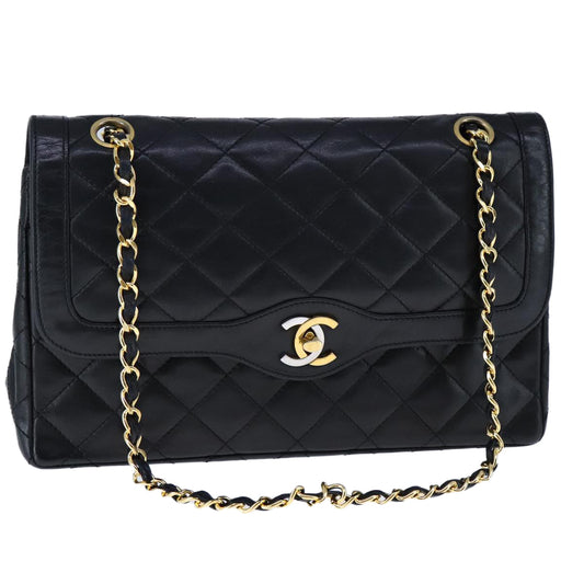 CHANEL Chain Matelasse Shoulder Bag Lamb Skin Black Gold CC PP135