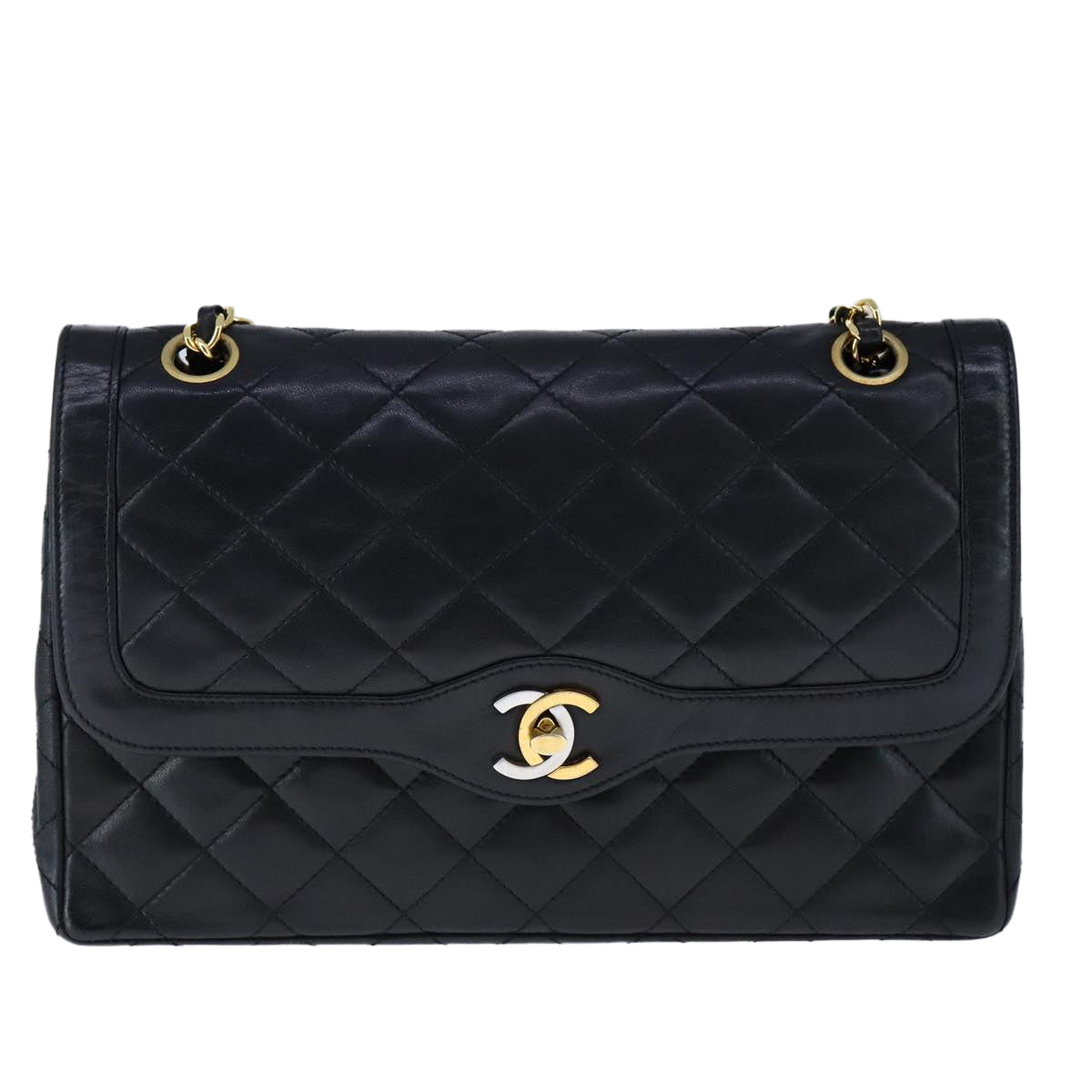 CHANEL Chain Matelasse Shoulder Bag Lamb Skin Black Gold CC PP135