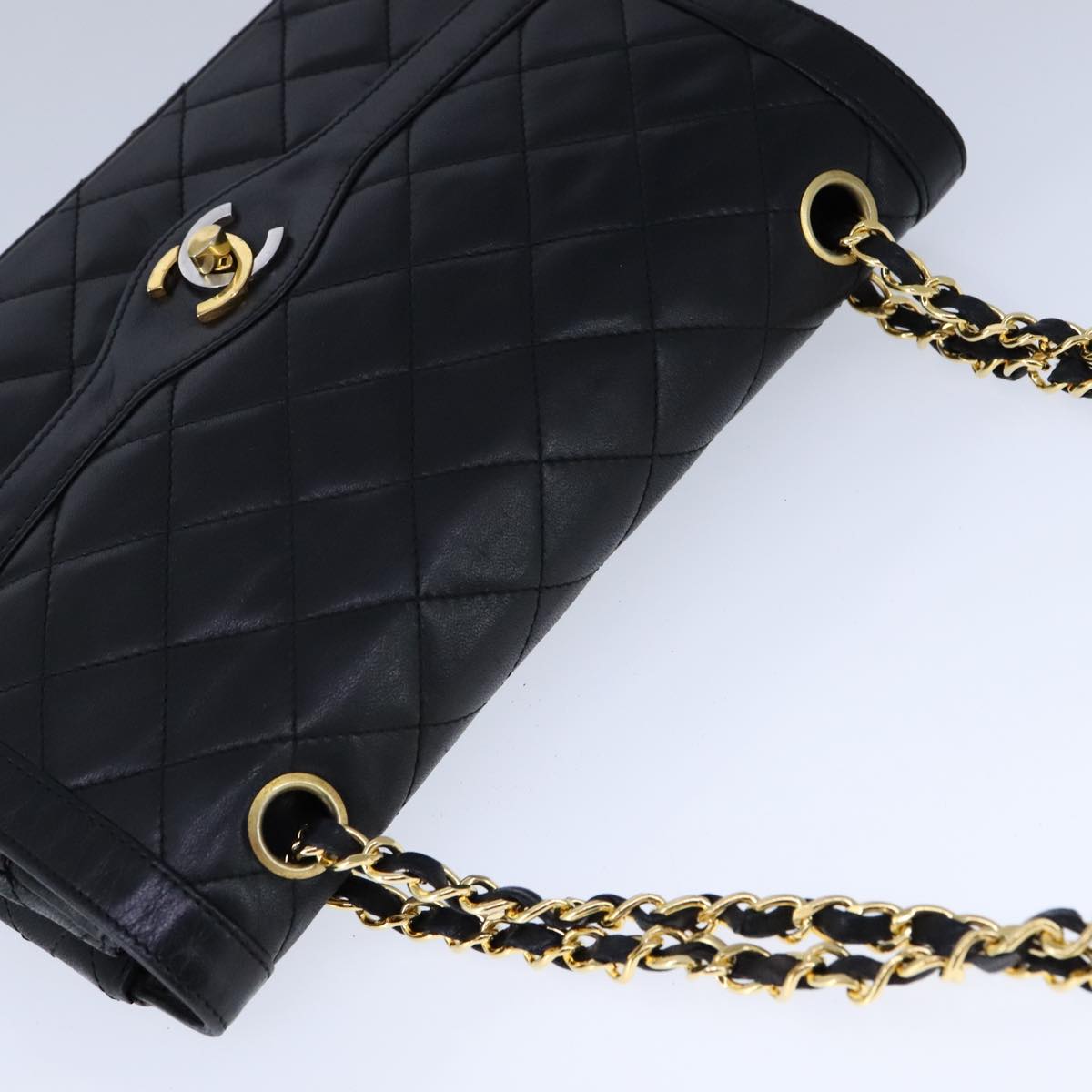 CHANEL Chain Matelasse Shoulder Bag Lamb Skin Black Gold CC PP135