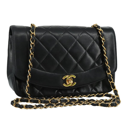 CHANEL Chain Diana Shoulder Bag Lamb Skin Black Gold CC PP139
