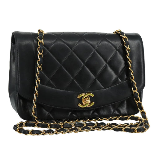 CHANEL Chain Diana Shoulder Bag Lamb Skin Black Gold CC PP139