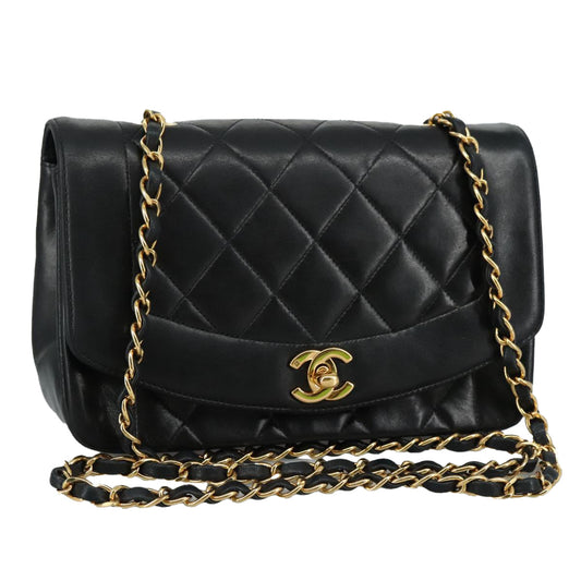 CHANEL Chain Diana Shoulder Bag Lamb Skin Black Gold CC PP139