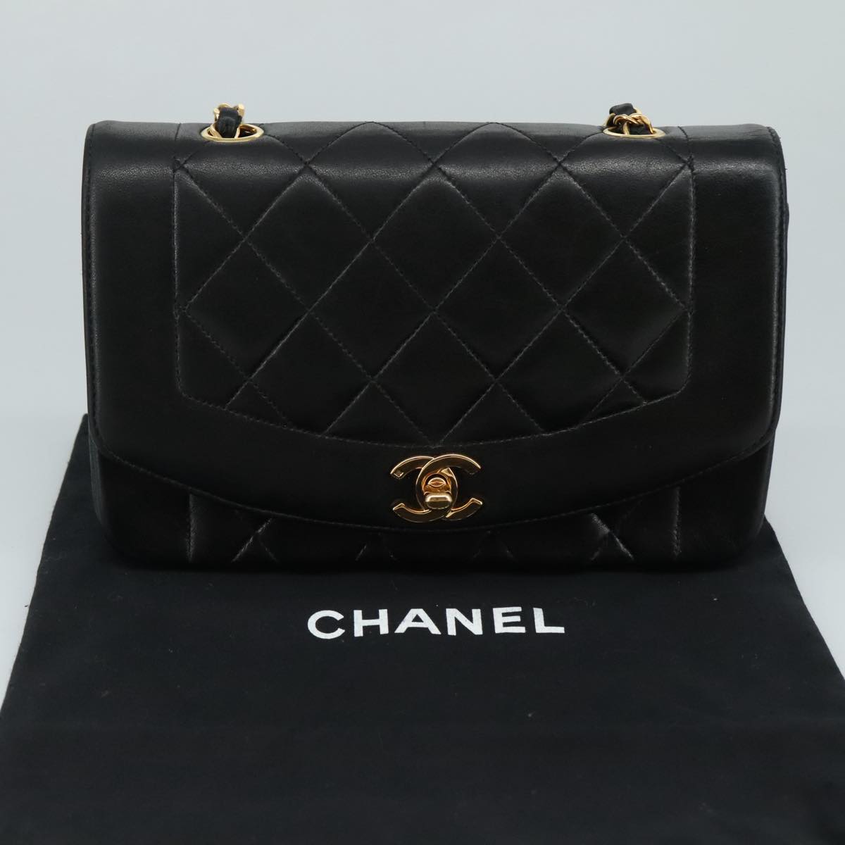 CHANEL Chain Diana Shoulder Bag Lamb Skin Black Gold CC PP139