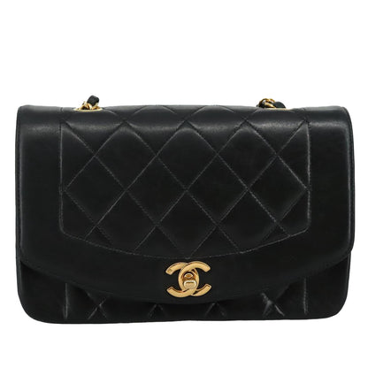 CHANEL Chain Diana Shoulder Bag Lamb Skin Black Gold CC PP139