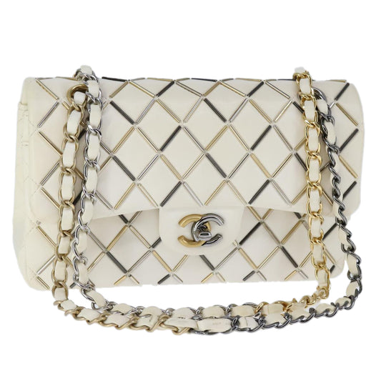 CHANEL Matelasse Chain Shoulder Bag Lamb Skin White CC PP140A