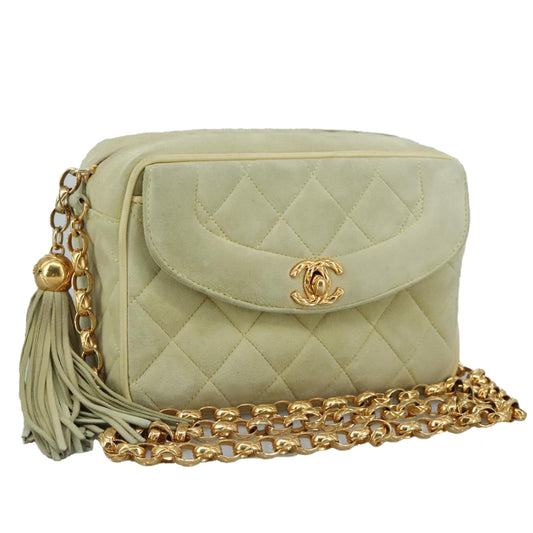 CHANEL Matelasse Chain Shoulder Bag Cotton Green Gold CC PP142