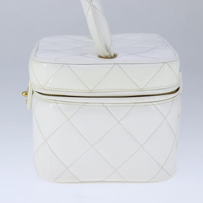 CHANEL Matelasse Vanity Cosmetic Pouch Patent leather White Gold CC PP147
