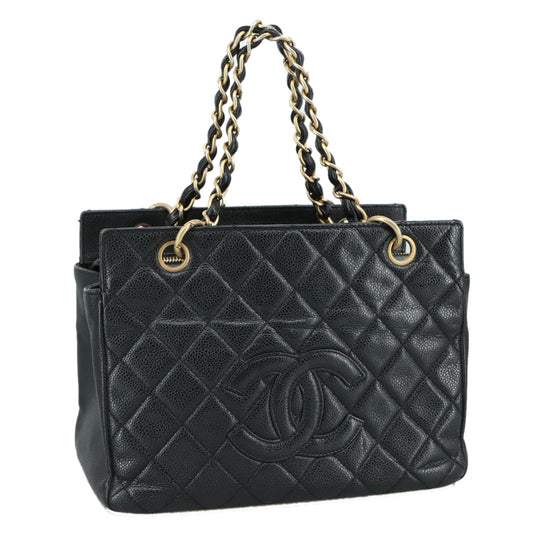 CHANEL Matelasse Chain Hand Bag Caviar Skin Black Gold CC PP148