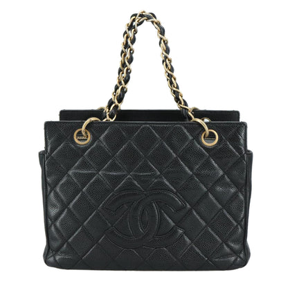 CHANEL Matelasse Chain Hand Bag Caviar Skin Black Gold CC PP148