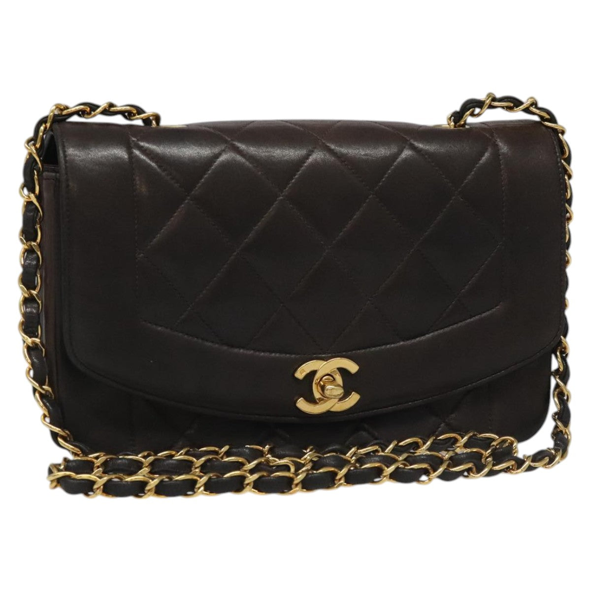 CHANEL Chain Diana Shoulder Bag Lamb Skin Black Gold CC PP173