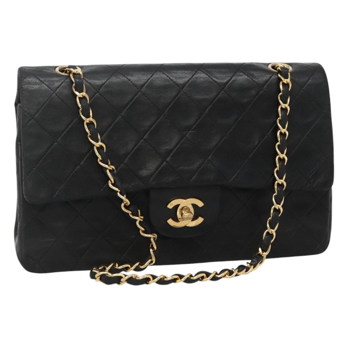 CHANEL Matelasse 25 Chain Shoulder Bag Lamb Skin Black Gold CC PP174