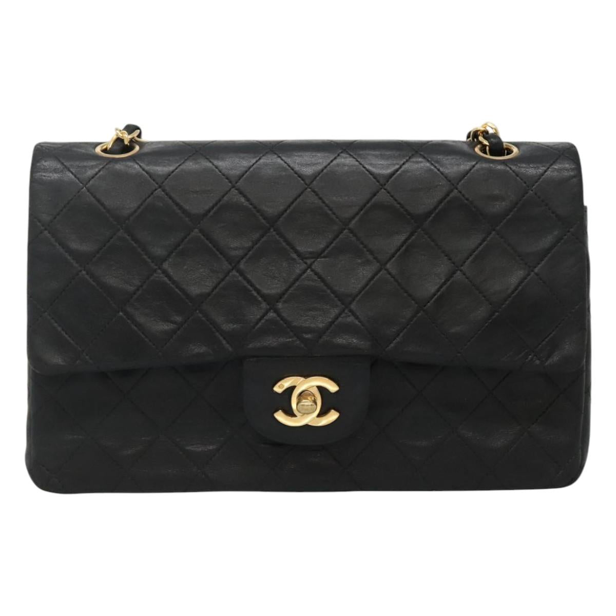 CHANEL Matelasse 25 Chain Shoulder Bag Lamb Skin Black Gold CC PP174
