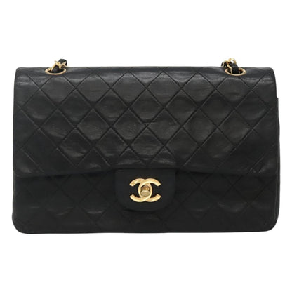 CHANEL Matelasse 25 Chain Shoulder Bag Lamb Skin Black Gold CC PP174