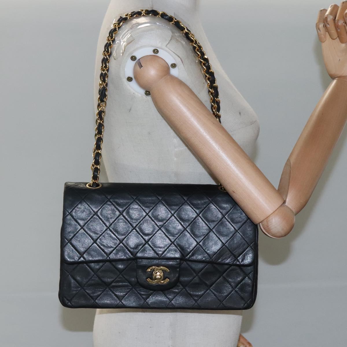 CHANEL Matelasse 25 Chain Shoulder Bag Lamb Skin Black Gold CC PP174