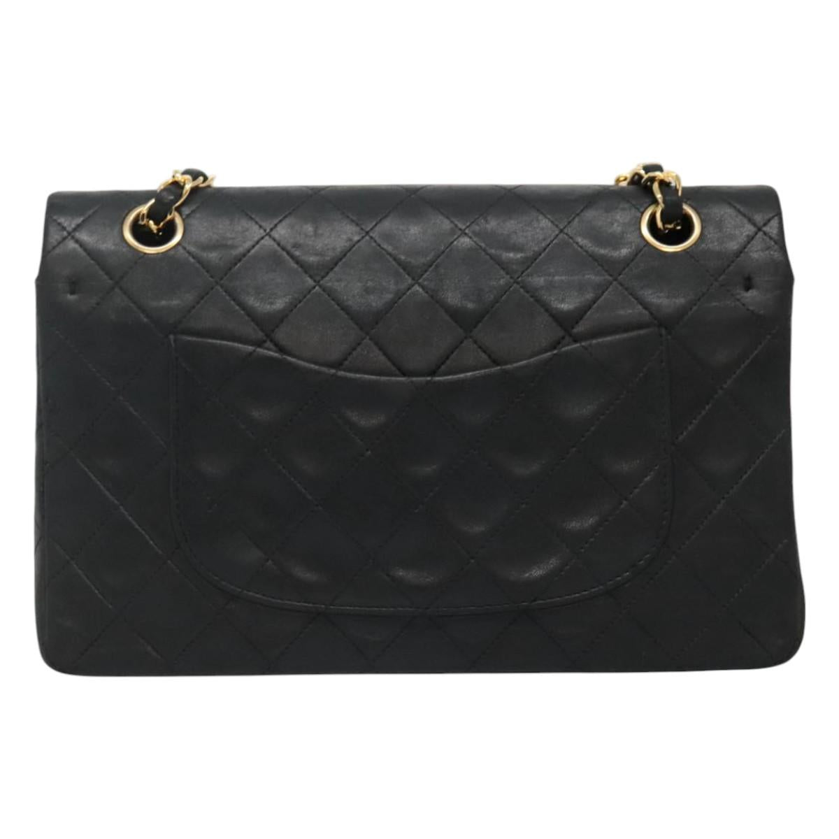 CHANEL Matelasse 25 Chain Shoulder Bag Lamb Skin Black Gold CC PP174