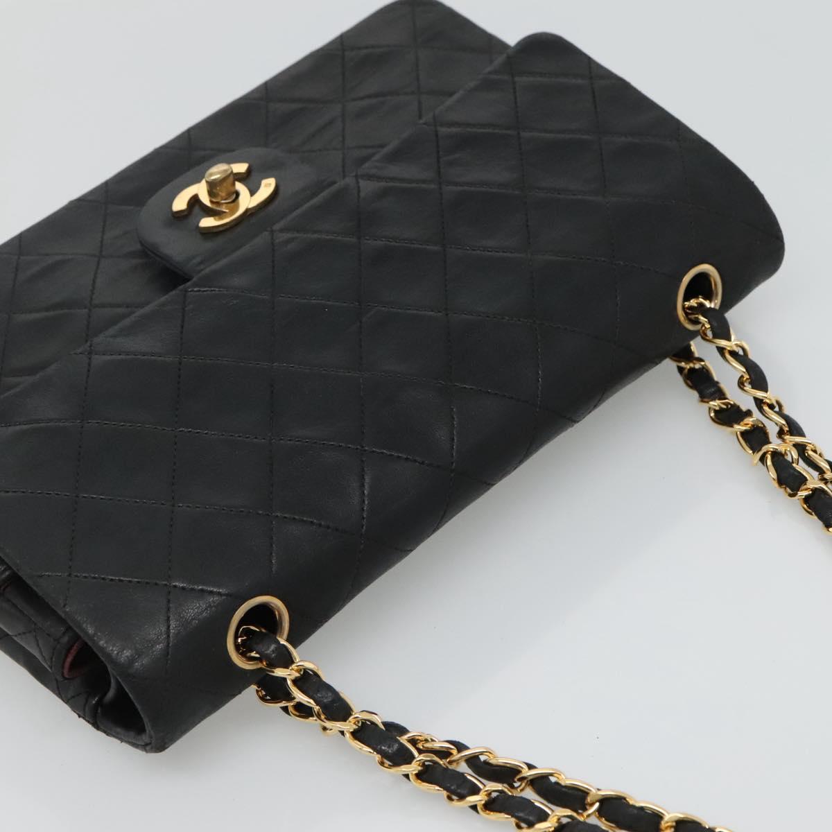 CHANEL Matelasse 25 Chain Shoulder Bag Lamb Skin Black Gold CC PP174