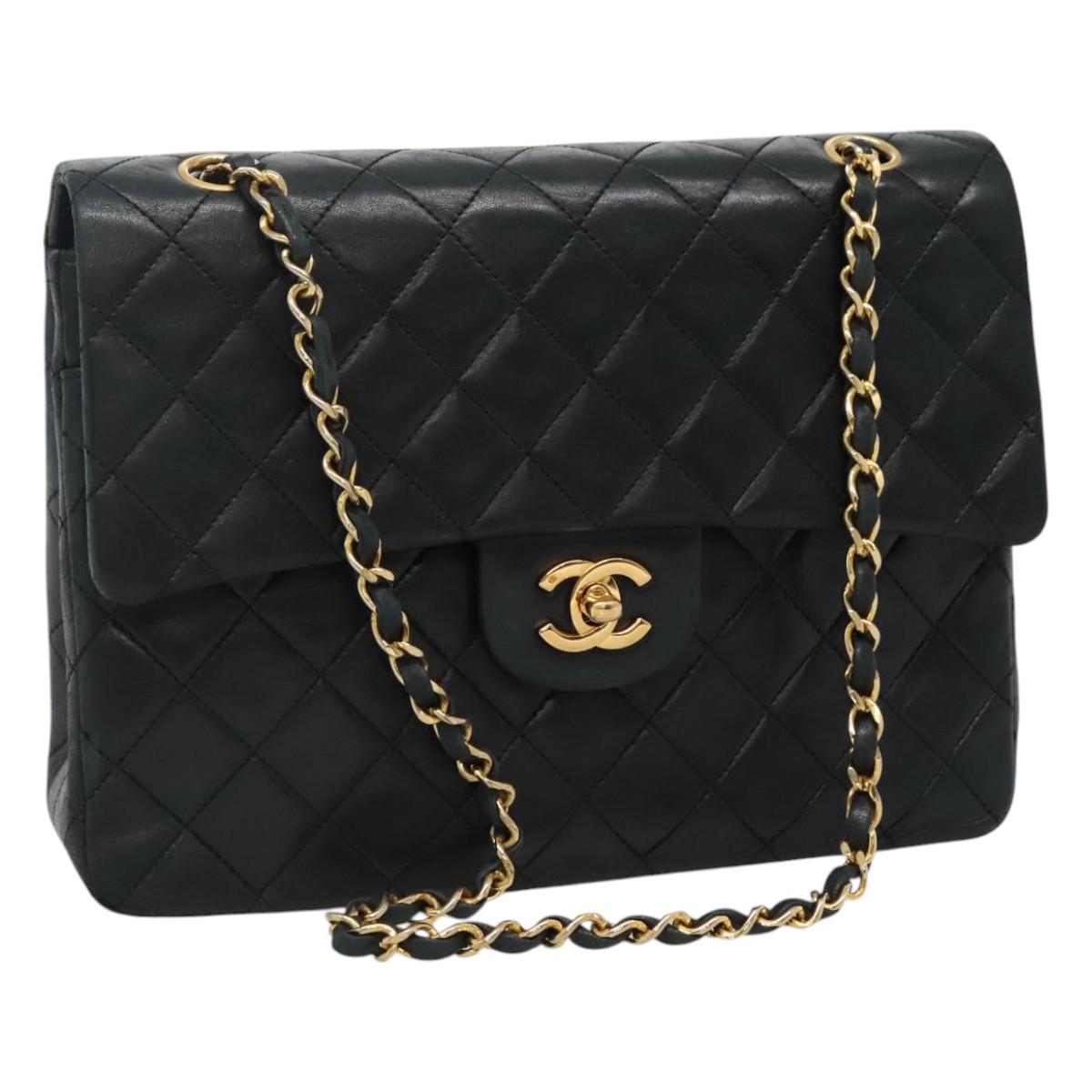 CHANEL Matelasse Chain Shoulder Bag Lamb Skin Black Gold CC PP176