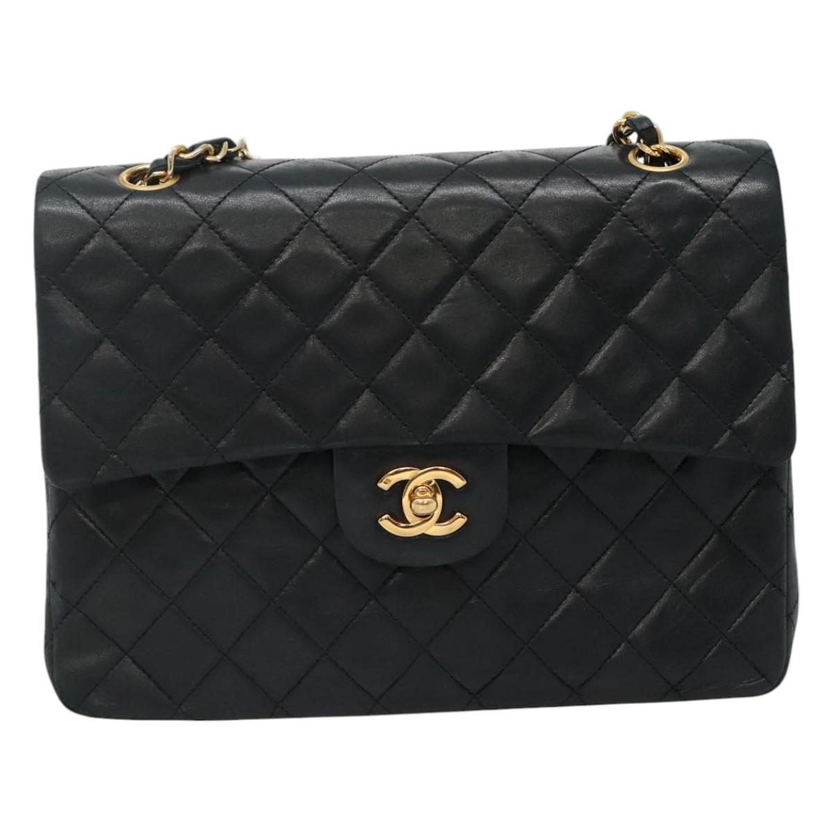 CHANEL Matelasse Chain Shoulder Bag Lamb Skin Black Gold CC PP176