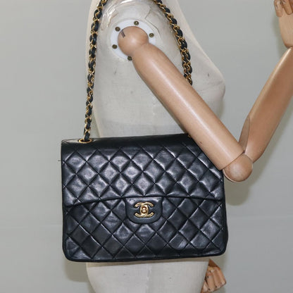CHANEL Matelasse Chain Shoulder Bag Lamb Skin Black Gold CC PP176