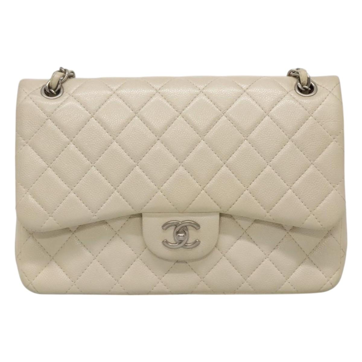 CHANEL Matelasse Chain Shoulder Bag Caviar Skin White CC PP179