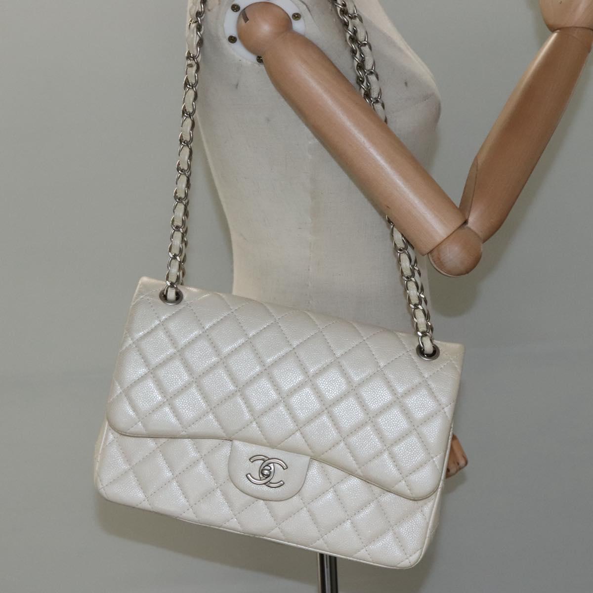 CHANEL Matelasse Chain Shoulder Bag Caviar Skin White CC PP179