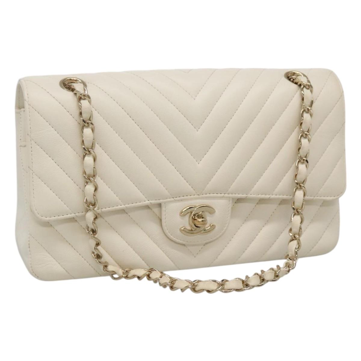 CHANEL Chain Shoulder Bag Lamb Skin White Gold CC PP180