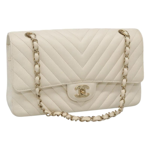 CHANEL Chain Shoulder Bag Lamb Skin White Gold CC PP180