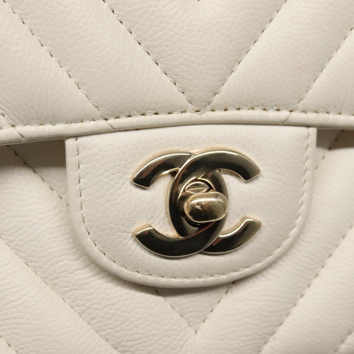 CHANEL Chain Shoulder Bag Lamb Skin White Gold CC PP180