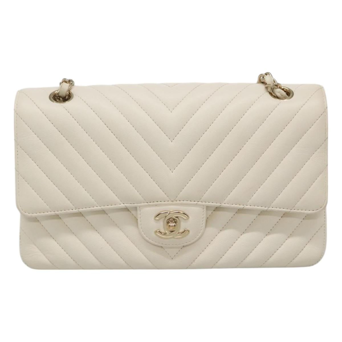 CHANEL Chain Shoulder Bag Lamb Skin White Gold CC PP180