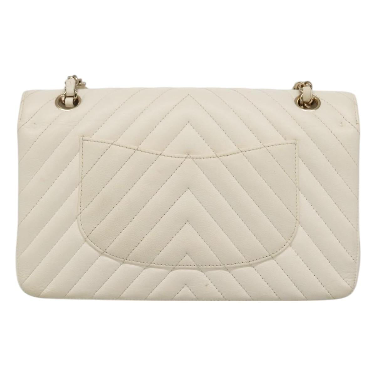 CHANEL Chain Shoulder Bag Lamb Skin White Gold CC PP180