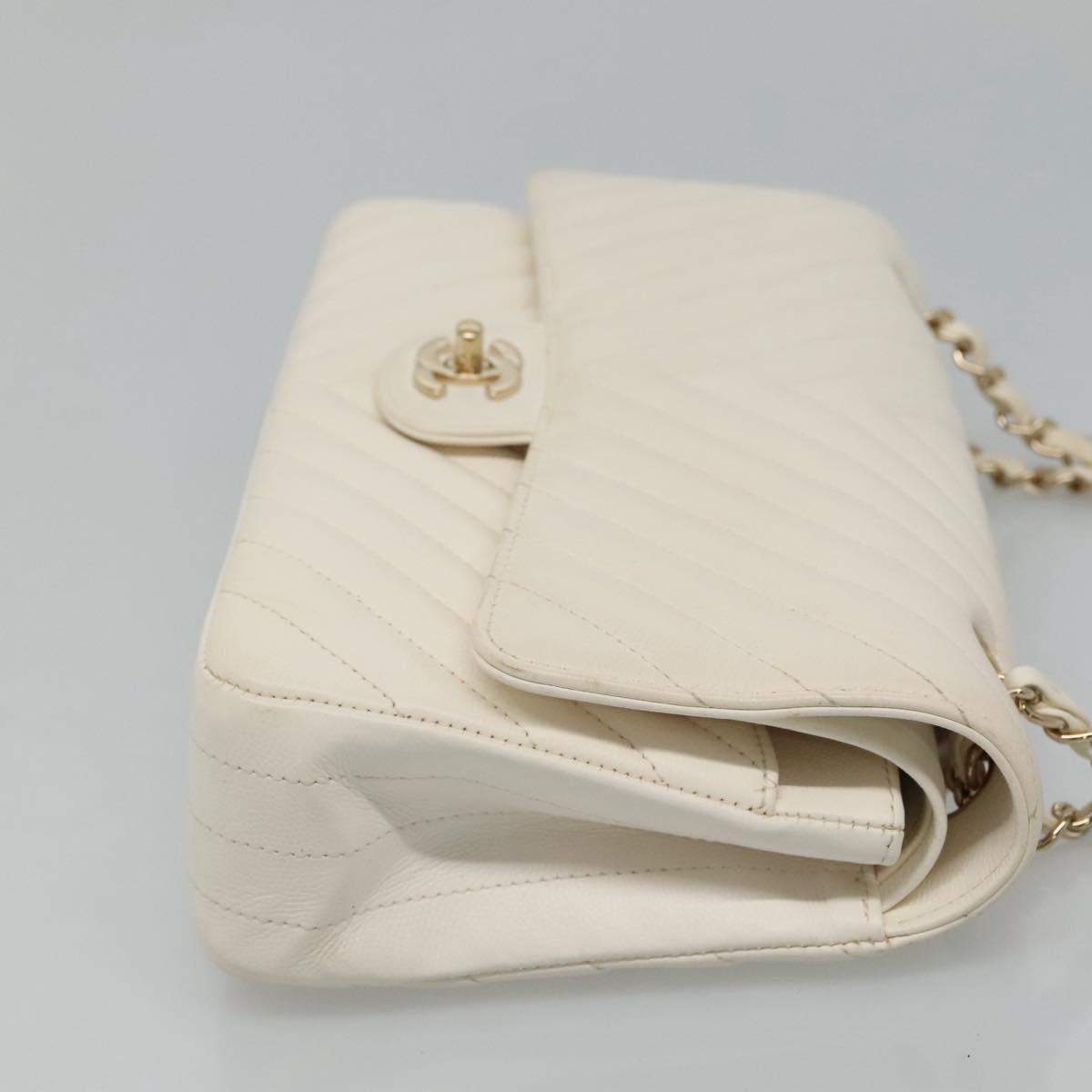 CHANEL Chain Shoulder Bag Lamb Skin White Gold CC PP180
