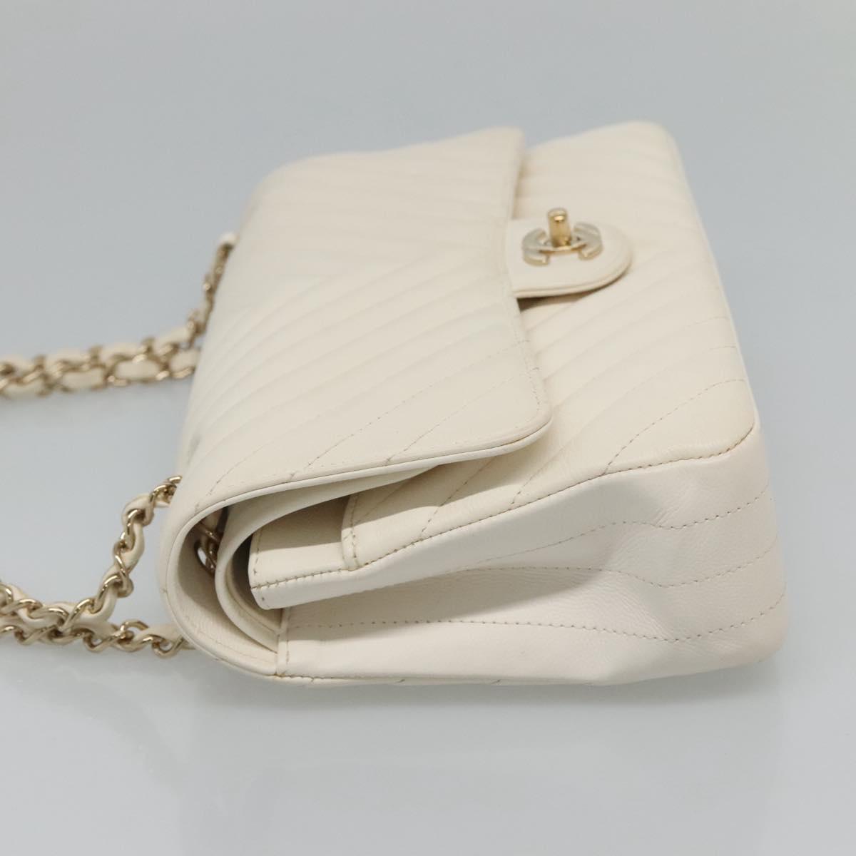 CHANEL Chain Shoulder Bag Lamb Skin White Gold CC PP180