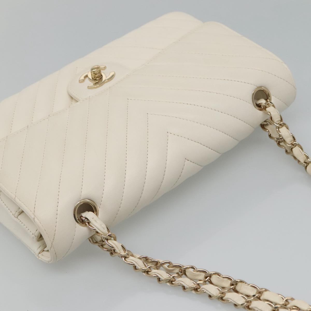 CHANEL Chain Shoulder Bag Lamb Skin White Gold CC PP180