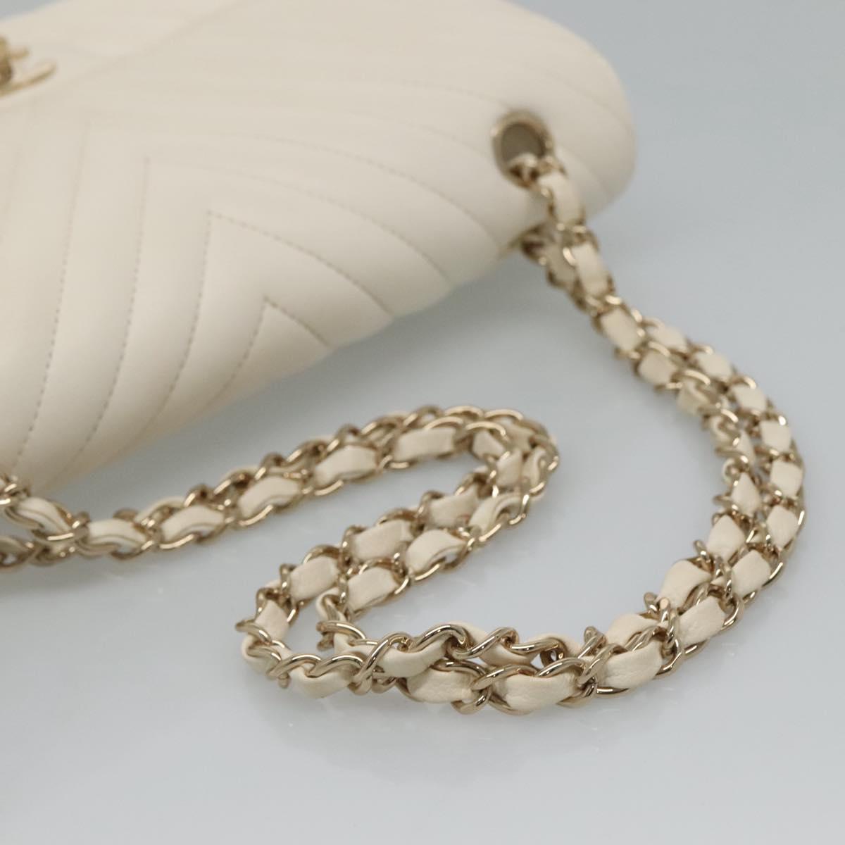 CHANEL Chain Shoulder Bag Lamb Skin White Gold CC PP180