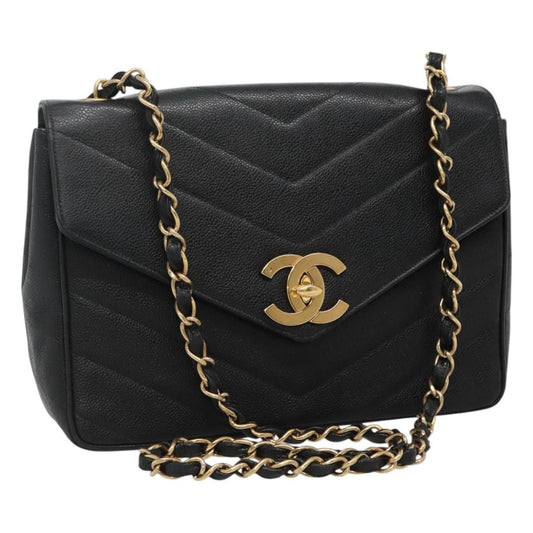 CHANEL Chain Shoulder Bag Caviar Skin Black Gold CC PP181