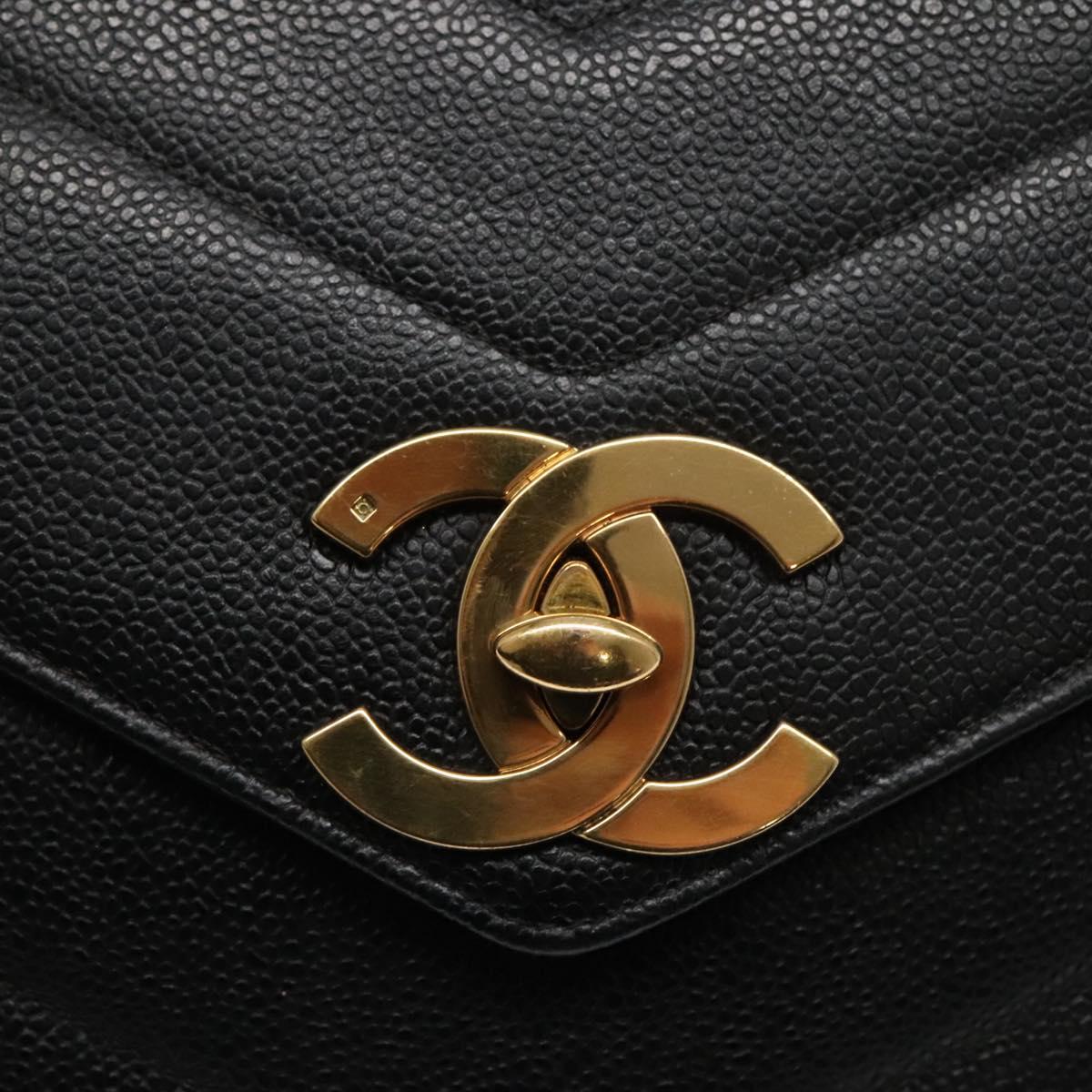 CHANEL Chain Shoulder Bag Caviar Skin Black Gold CC PP181