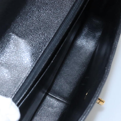 CHANEL Chain Shoulder Bag Caviar Skin Black Gold CC PP181
