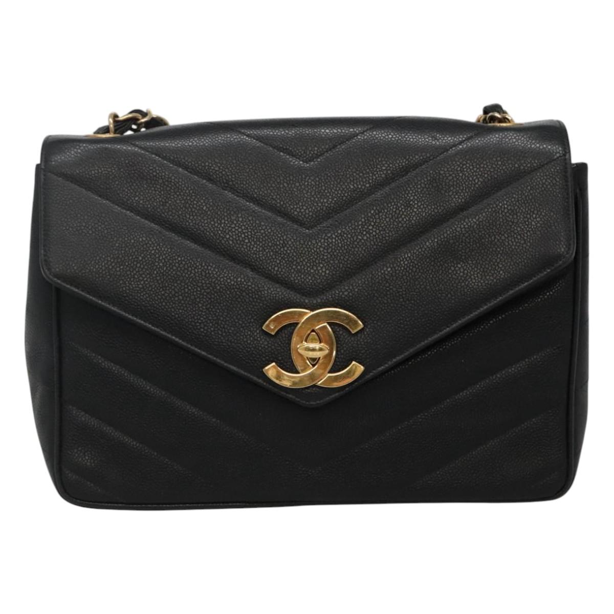 CHANEL Chain Shoulder Bag Caviar Skin Black Gold CC PP181