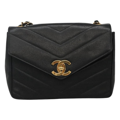 CHANEL Chain Shoulder Bag Caviar Skin Black Gold CC PP181