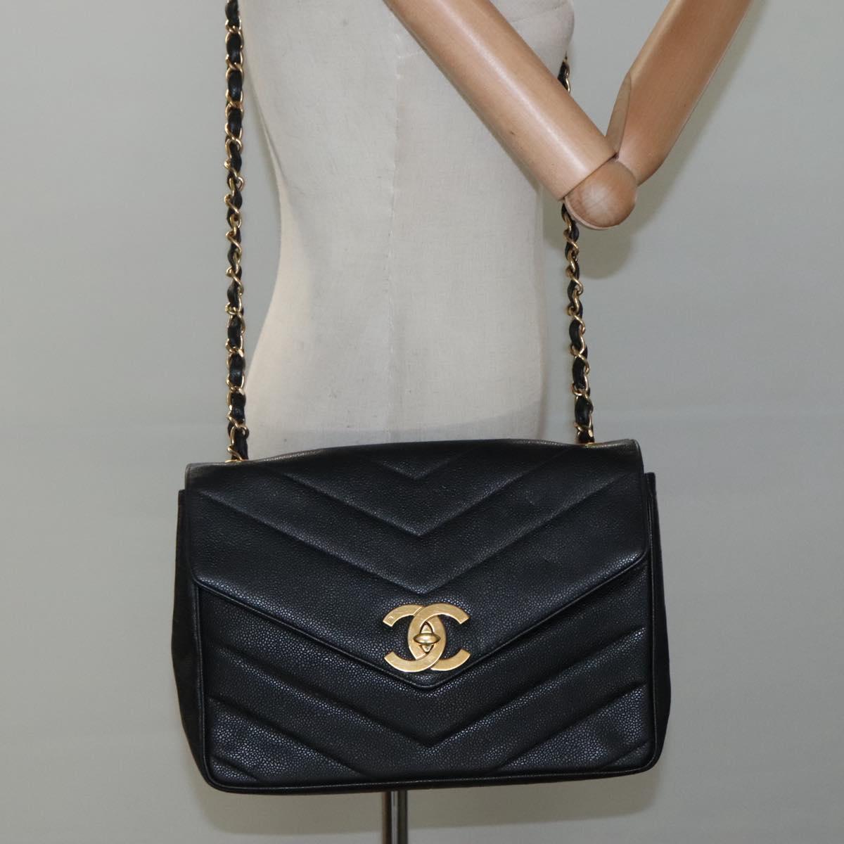 CHANEL Chain Shoulder Bag Caviar Skin Black Gold CC PP181