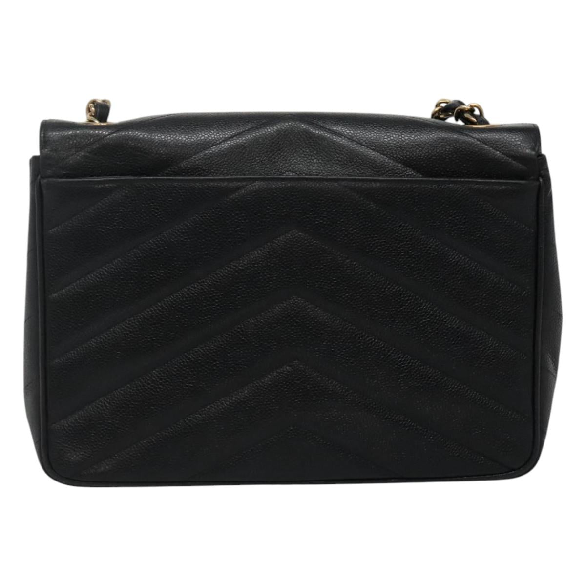 CHANEL Chain Shoulder Bag Caviar Skin Black Gold CC PP181