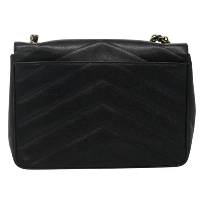 CHANEL Chain Shoulder Bag Caviar Skin Black Gold CC PP181
