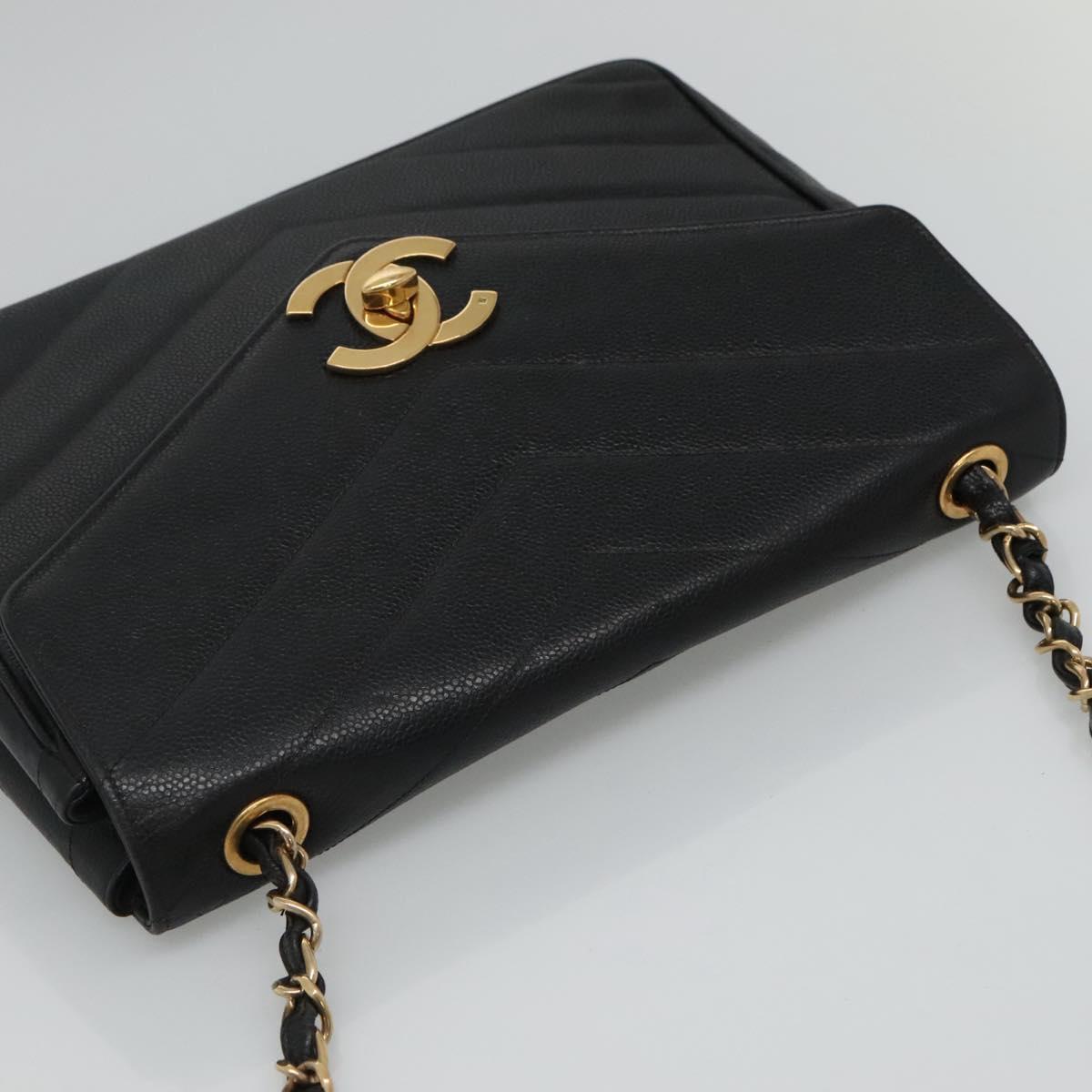 CHANEL Chain Shoulder Bag Caviar Skin Black Gold CC PP181